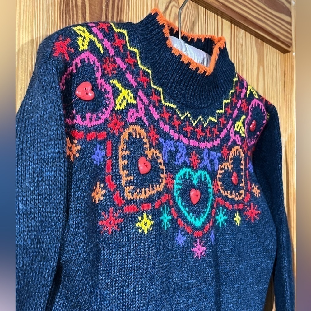 VTG GRAND Made in USA Blue Multicolored 3/4 sleeve Mock Neck Sweater 3D Hearts - Picture 3 of 8